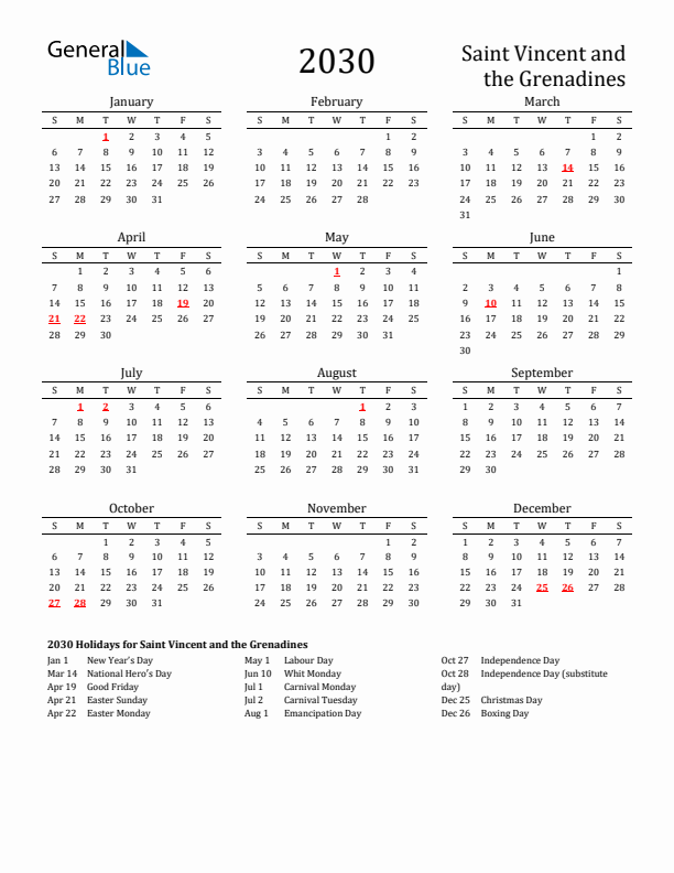 Saint Vincent and the Grenadines Holidays Calendar for 2030