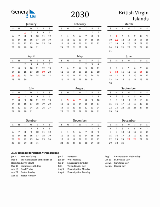 British Virgin Islands Holidays Calendar for 2030