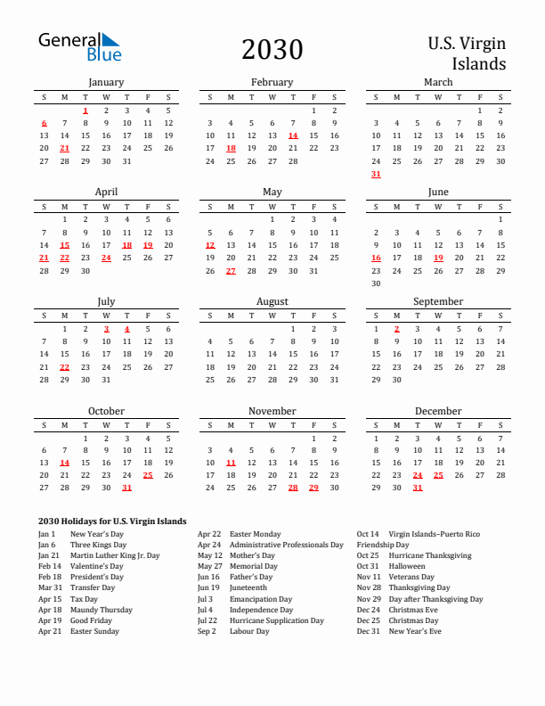 U.S. Virgin Islands Holidays Calendar for 2030