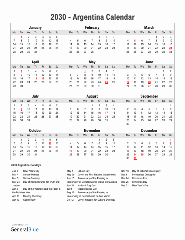Year 2030 Simple Calendar With Holidays in Argentina