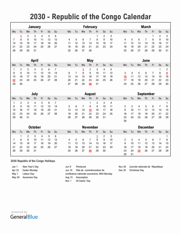 Year 2030 Simple Calendar With Holidays in Republic of the Congo