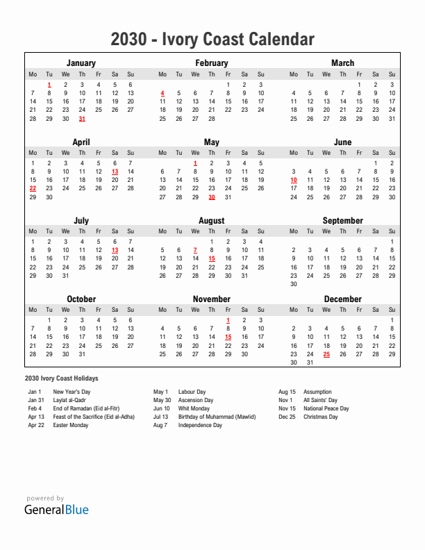 Year 2030 Simple Calendar With Holidays in Ivory Coast