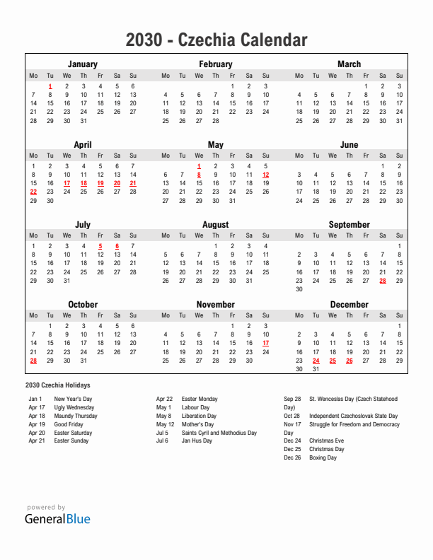 Year 2030 Simple Calendar With Holidays in Czechia