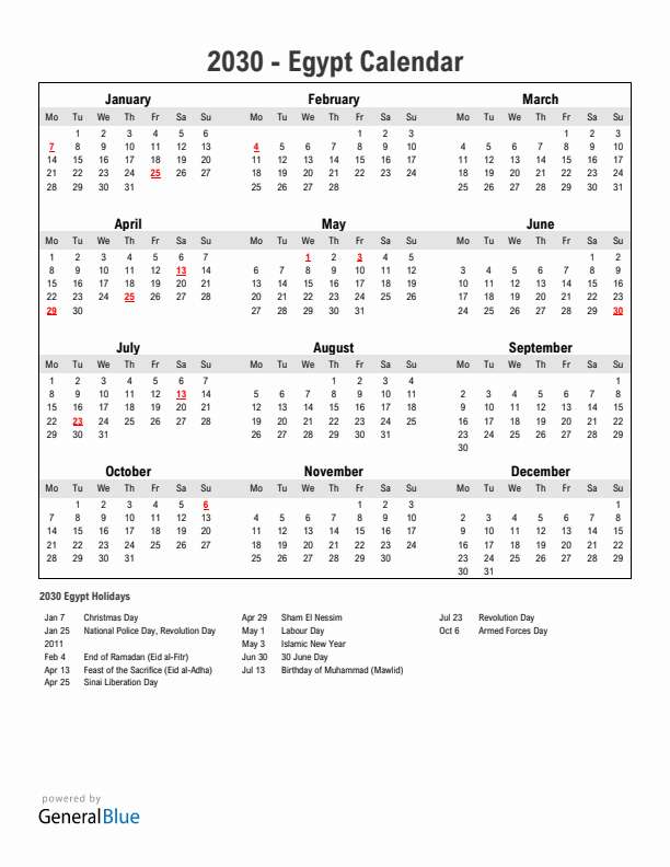 Year 2030 Simple Calendar With Holidays in Egypt