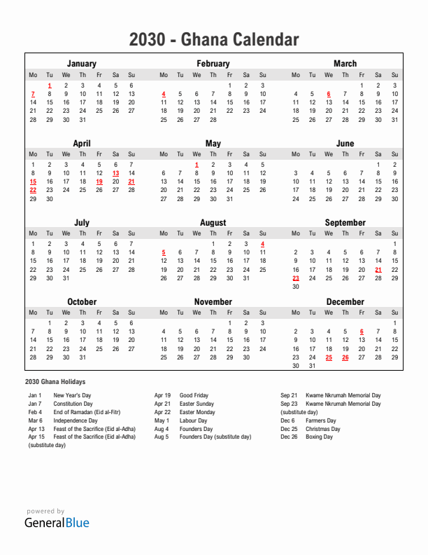 Year 2030 Simple Calendar With Holidays in Ghana