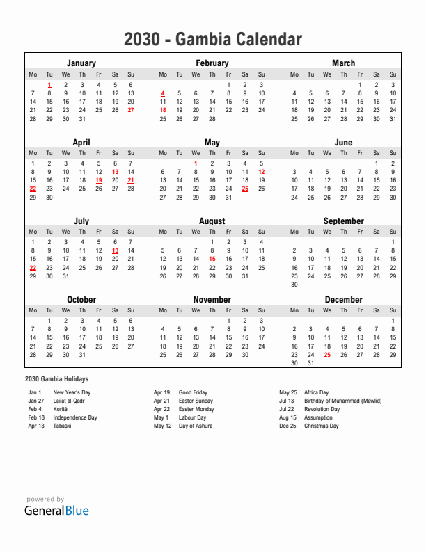 Year 2030 Simple Calendar With Holidays in Gambia