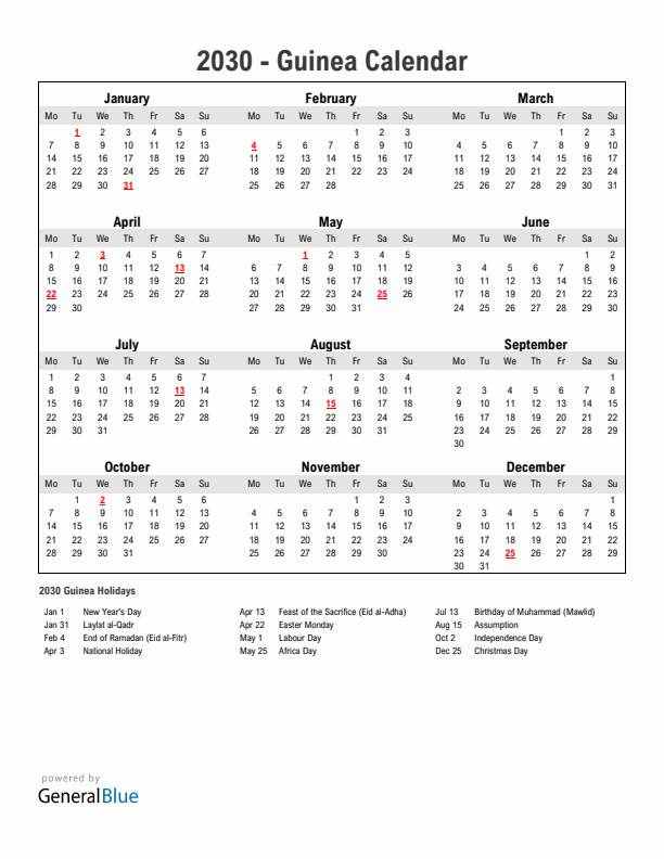 Year 2030 Simple Calendar With Holidays in Guinea