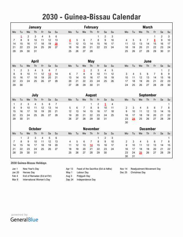 Year 2030 Simple Calendar With Holidays in Guinea-Bissau