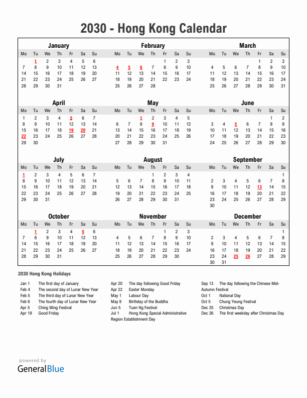 Year 2030 Simple Calendar With Holidays in Hong Kong