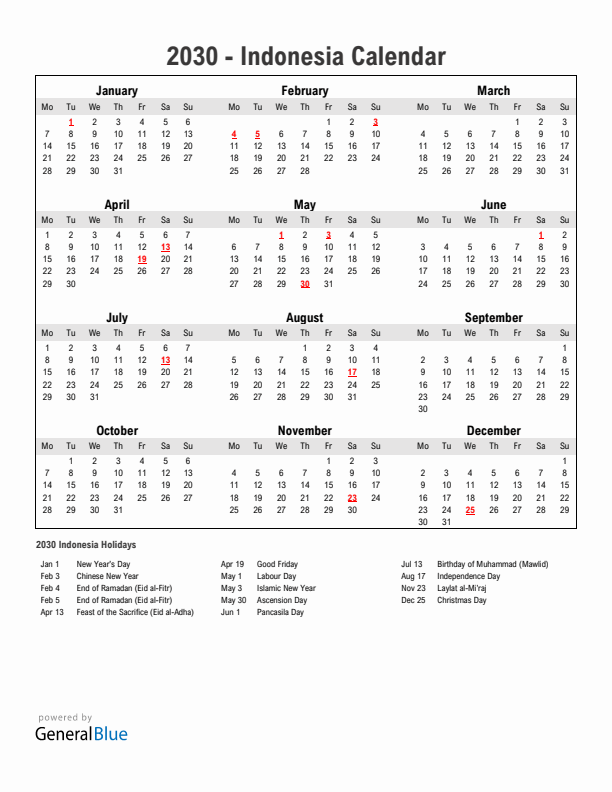 Year 2030 Simple Calendar With Holidays in Indonesia