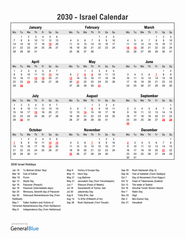 Year 2030 Simple Calendar With Holidays in Israel