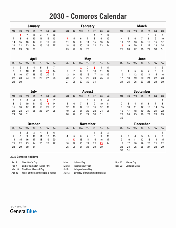 Year 2030 Simple Calendar With Holidays in Comoros
