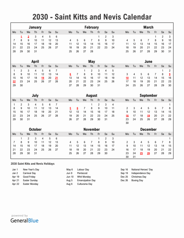 Year 2030 Simple Calendar With Holidays in Saint Kitts and Nevis