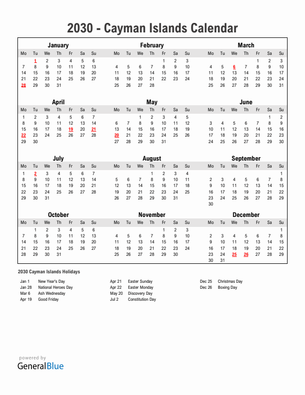 Year 2030 Simple Calendar With Holidays in Cayman Islands