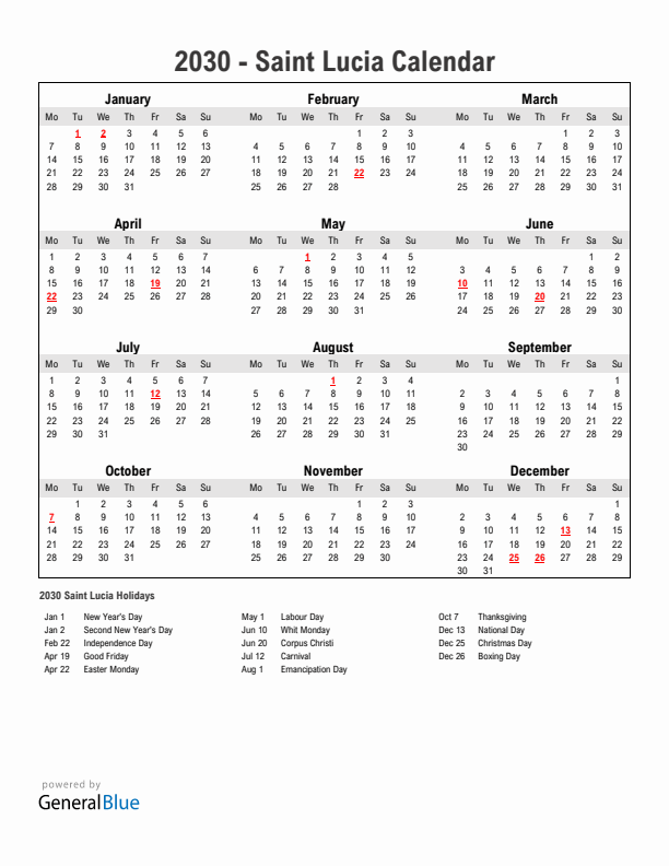 Year 2030 Simple Calendar With Holidays in Saint Lucia