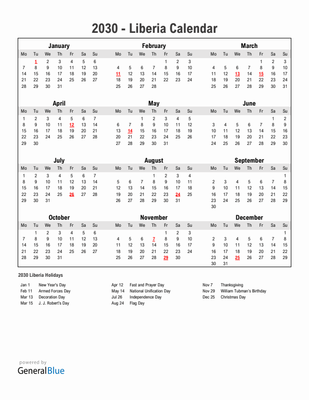 Year 2030 Simple Calendar With Holidays in Liberia
