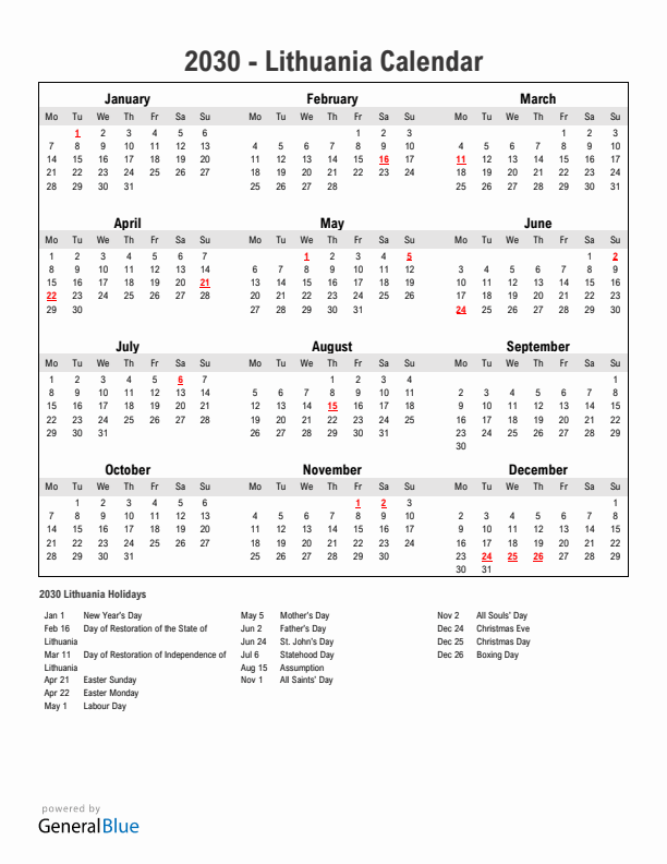 Year 2030 Simple Calendar With Holidays in Lithuania