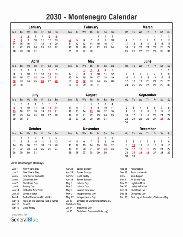 Year 2030 Simple Calendar With Holidays in Montenegro
