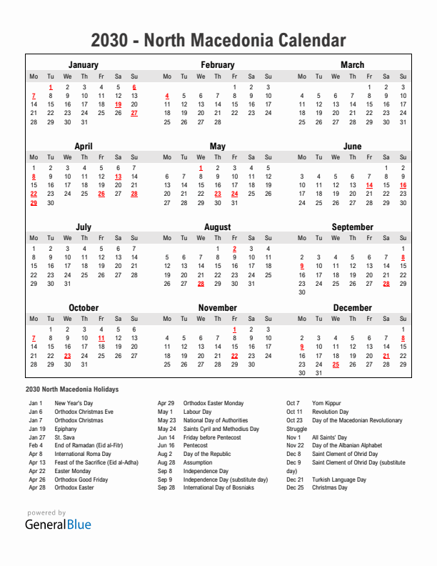 Year 2030 Simple Calendar With Holidays in North Macedonia