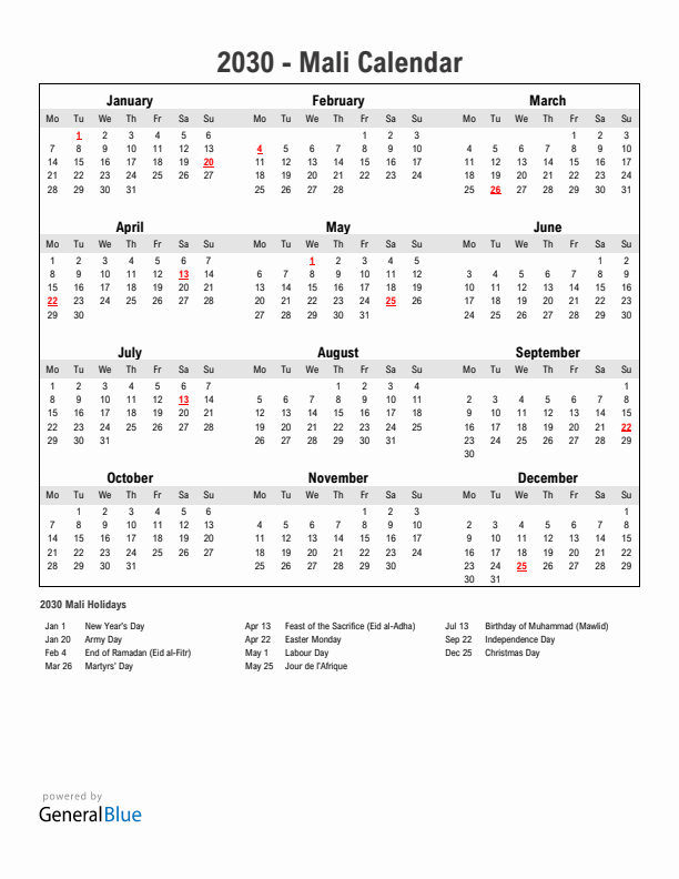 Year 2030 Simple Calendar With Holidays in Mali