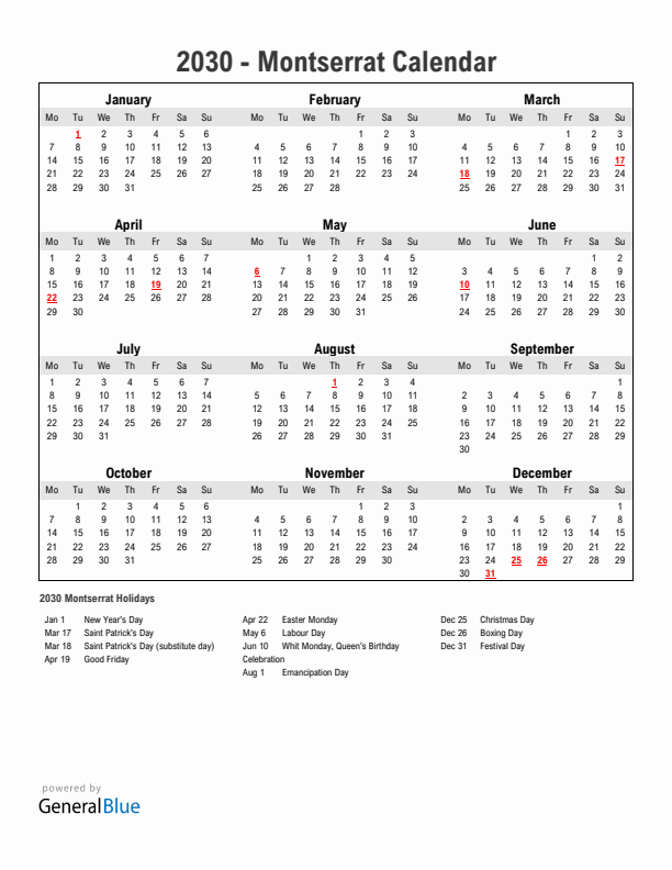 Year 2030 Simple Calendar With Holidays in Montserrat