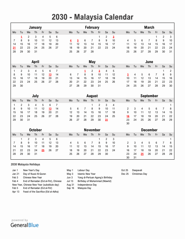 Year 2030 Simple Calendar With Holidays in Malaysia
