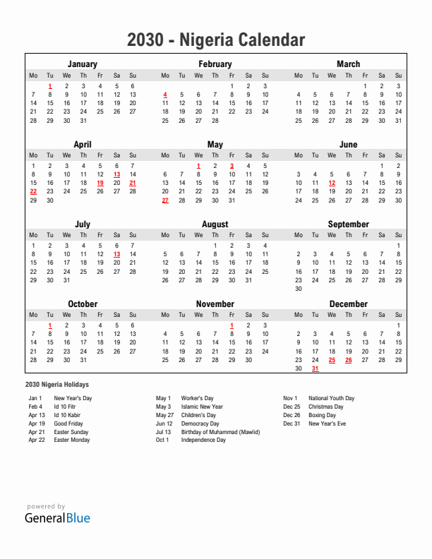 Year 2030 Simple Calendar With Holidays in Nigeria