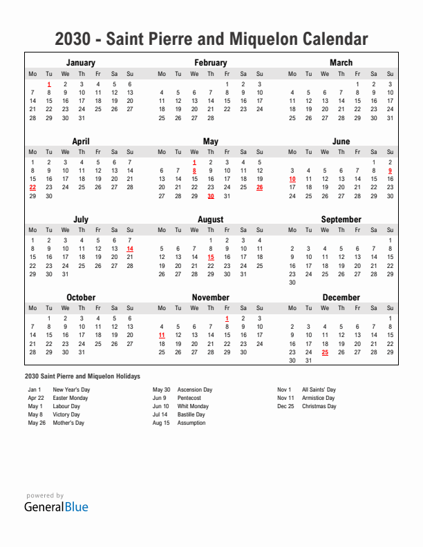 Year 2030 Simple Calendar With Holidays in Saint Pierre and Miquelon