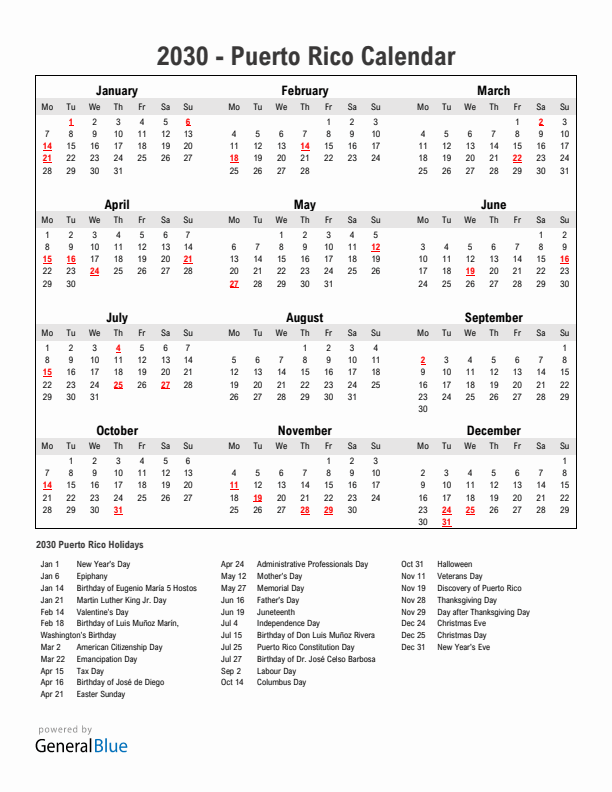 Year 2030 Simple Calendar With Holidays in Puerto Rico