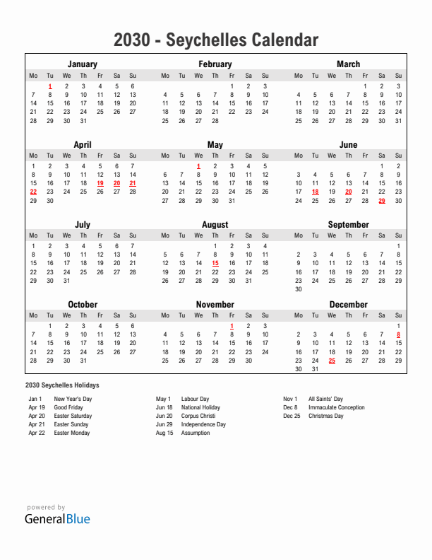 Year 2030 Simple Calendar With Holidays in Seychelles