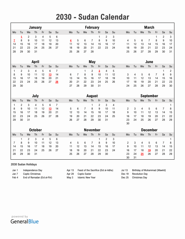 Year 2030 Simple Calendar With Holidays in Sudan