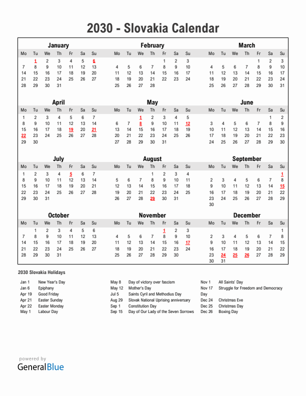 Year 2030 Simple Calendar With Holidays in Slovakia
