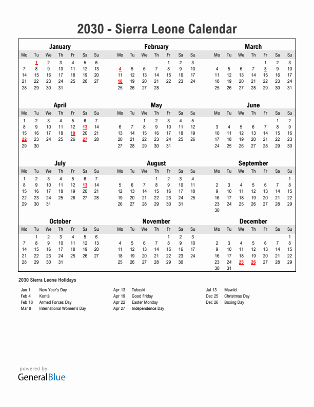 Year 2030 Simple Calendar With Holidays in Sierra Leone