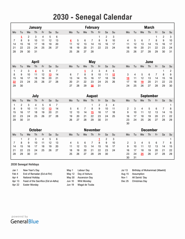 Year 2030 Simple Calendar With Holidays in Senegal