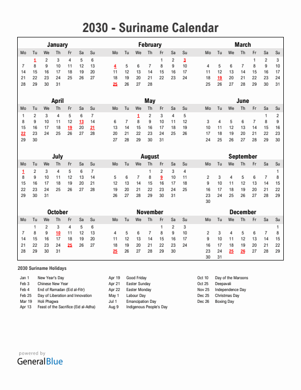 Year 2030 Simple Calendar With Holidays in Suriname