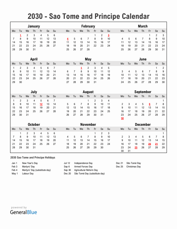 Year 2030 Simple Calendar With Holidays in Sao Tome and Principe