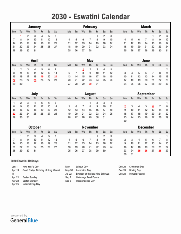 Year 2030 Simple Calendar With Holidays in Eswatini
