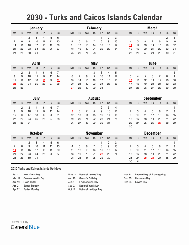 Year 2030 Simple Calendar With Holidays in Turks and Caicos Islands
