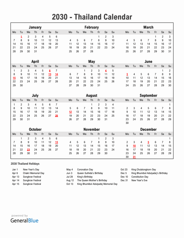 Year 2030 Simple Calendar With Holidays in Thailand