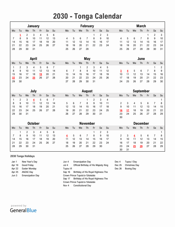 Year 2030 Simple Calendar With Holidays in Tonga