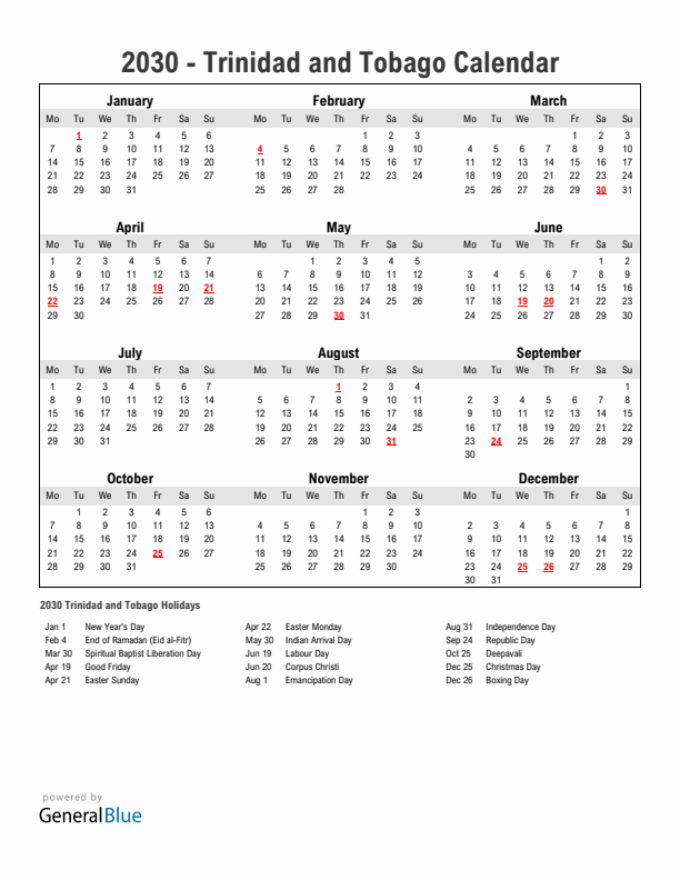 Year 2030 Simple Calendar With Holidays in Trinidad and Tobago