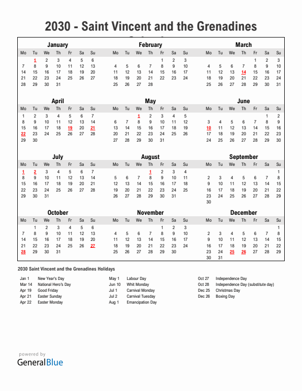 Year 2030 Simple Calendar With Holidays in Saint Vincent and the Grenadines