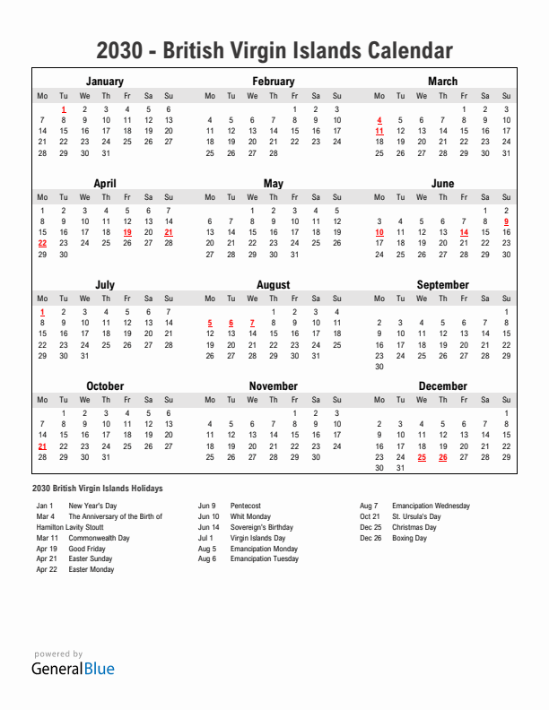 Year 2030 Simple Calendar With Holidays in British Virgin Islands