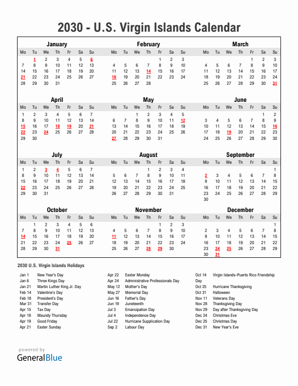 Year 2030 Simple Calendar With Holidays in U.S. Virgin Islands