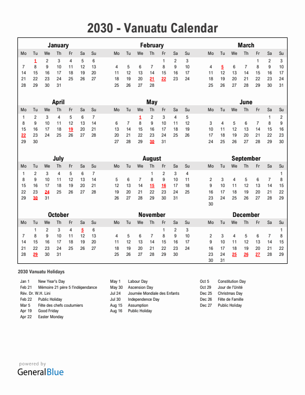 Year 2030 Simple Calendar With Holidays in Vanuatu