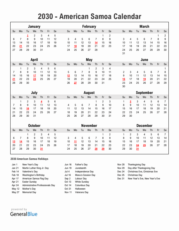 Year 2030 Simple Calendar With Holidays in American Samoa