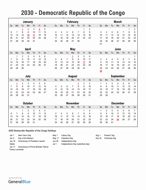 Year 2030 Simple Calendar With Holidays in Democratic Republic of the Congo