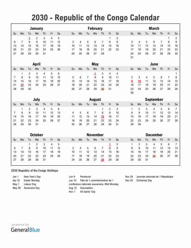 Year 2030 Simple Calendar With Holidays in Republic of the Congo