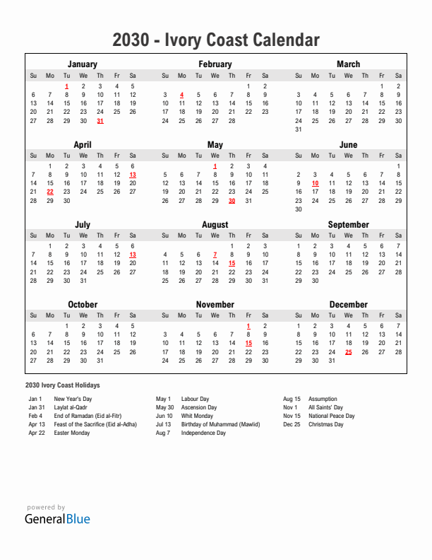 Year 2030 Simple Calendar With Holidays in Ivory Coast