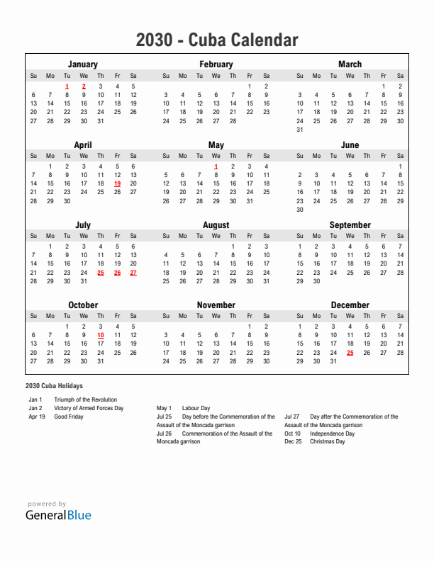 Year 2030 Simple Calendar With Holidays in Cuba